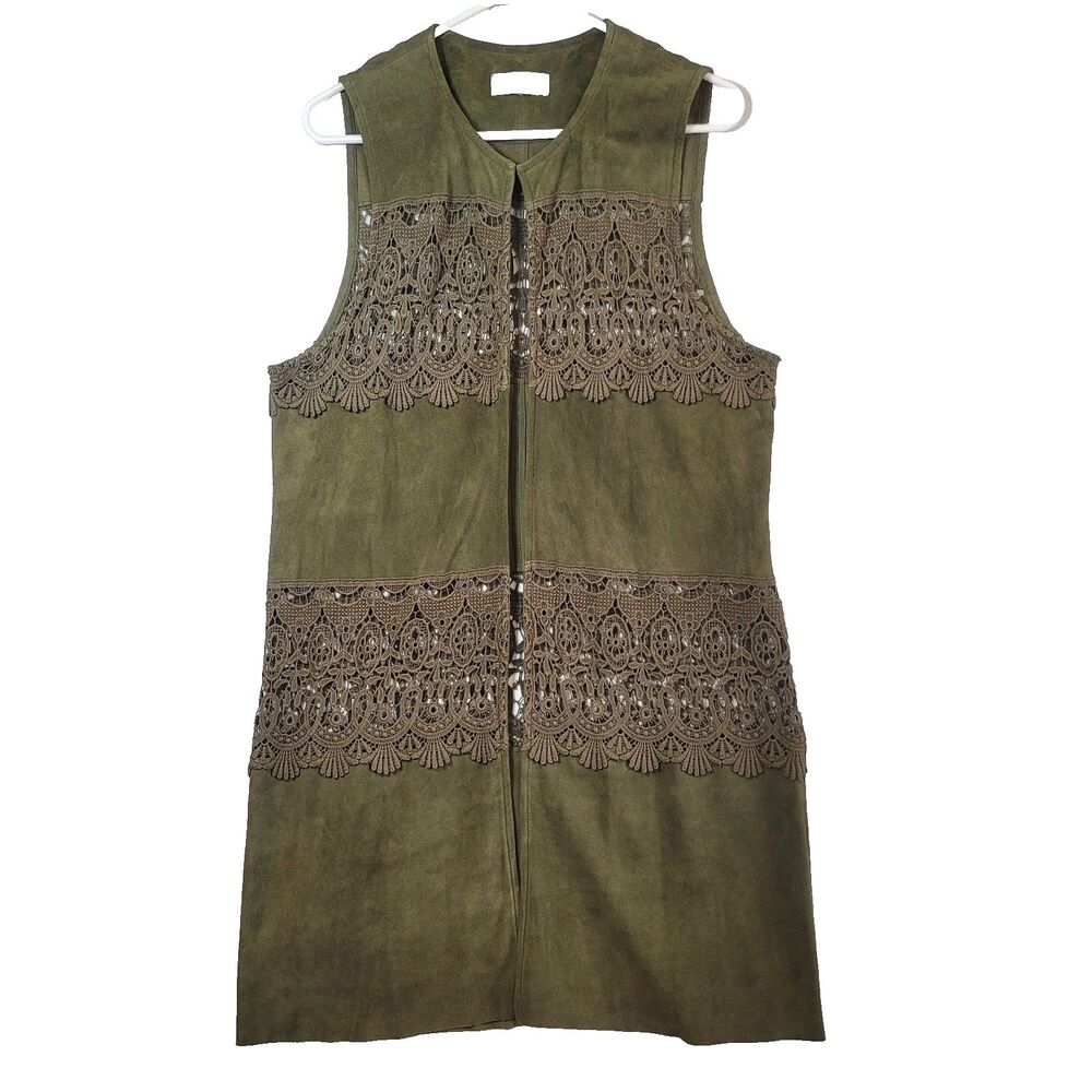NIEMAN MARCUS Army Green Suede Leather Crocheted Inserts Long Vest Size Medium